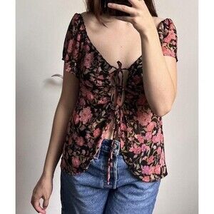 Wild Fable Size XS Black & Pink Foral Print Blouse Tie Front